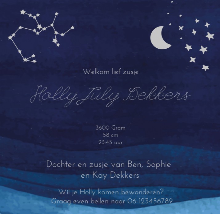 Geboortekaartje donkerblauw golven zee - Holly