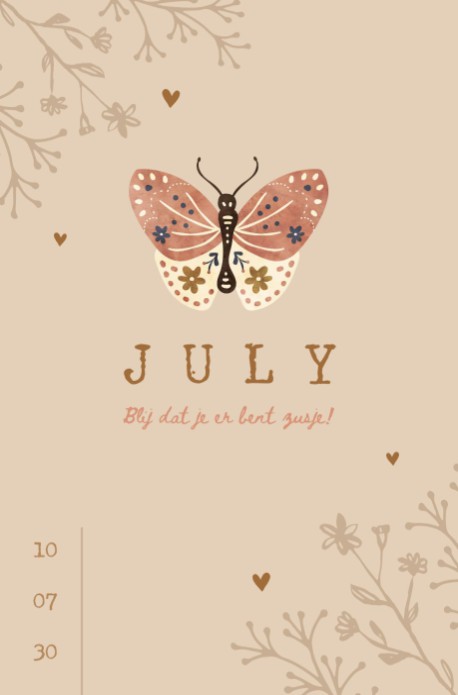 Lief geboortekaartje vlinder - July