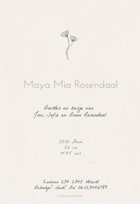 Maya bloem geboortekaartje achter